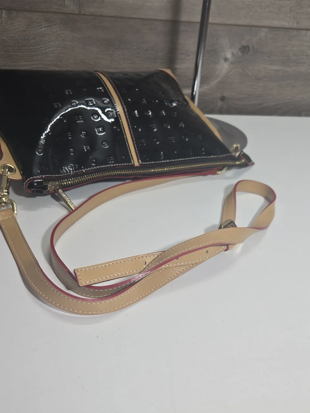 Arcadia Black Patent Italian Leather Crossbody  Shoulder Bag with Tan Trim